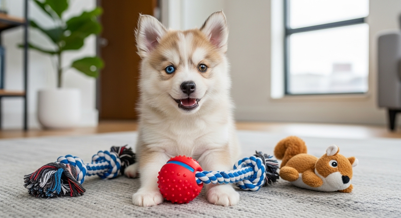도시 아파트에서 포메라니안과 시베리안 허스키 특징이 있는 귀여운 폼스키 강아지