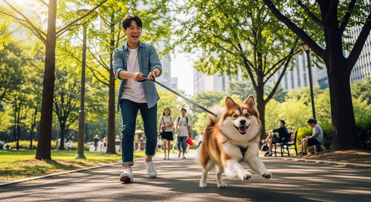 활발한 성격의 폼스키와 함께 도심 공원에서 산책 중인 젊은 한국인
