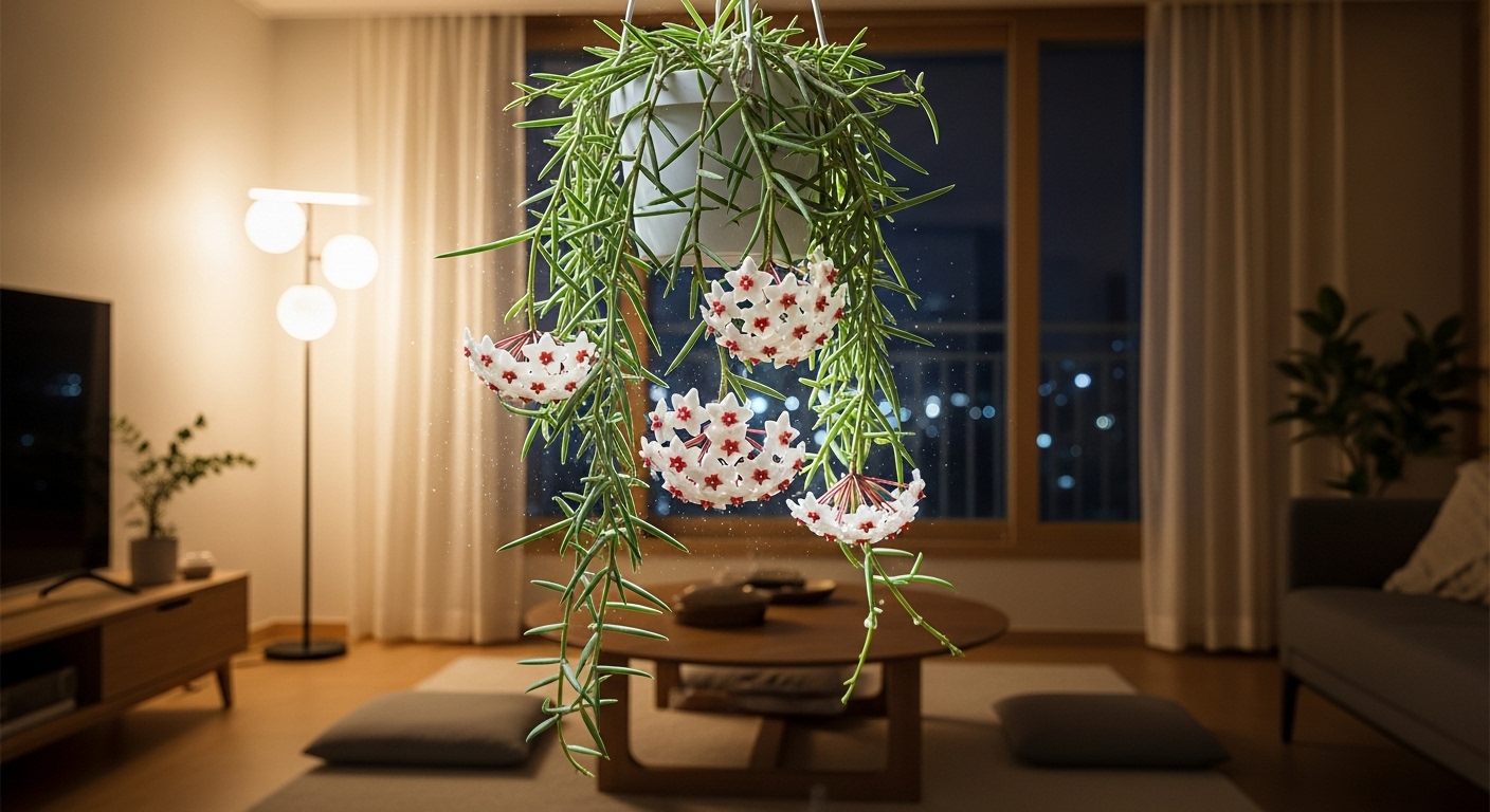 밤에 은은한 조명 아래 만개한 호야 리네아리스와 감미로운 향기가 퍼지는 거실 모습