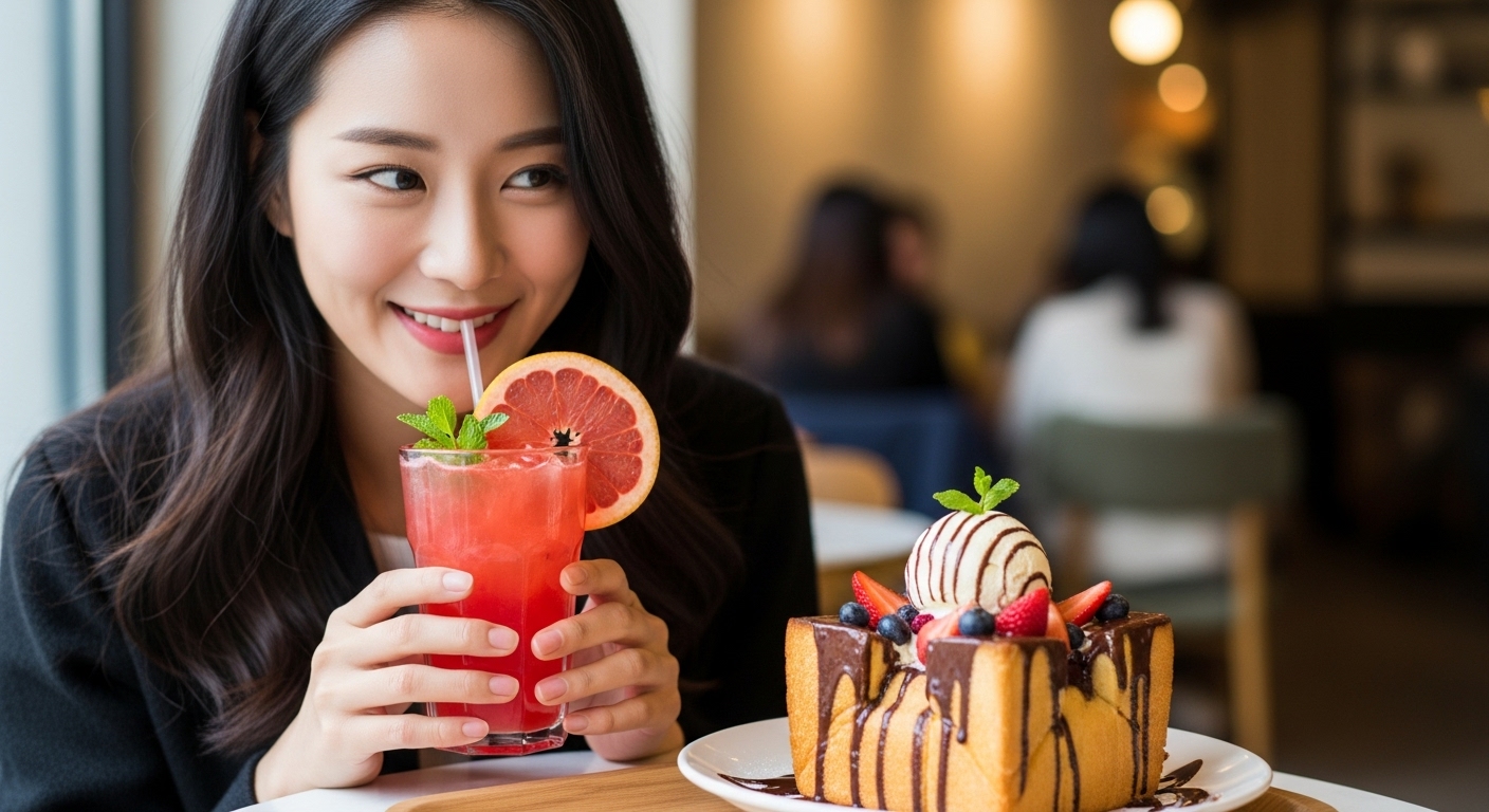 젊은 여성이 카페에서 루비자몽 음료를 즐기는 모습