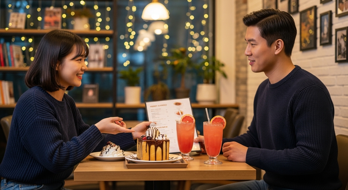 두 친구가 카페에서 각자의 취향에 맞는 메뉴를 논의하는 모습