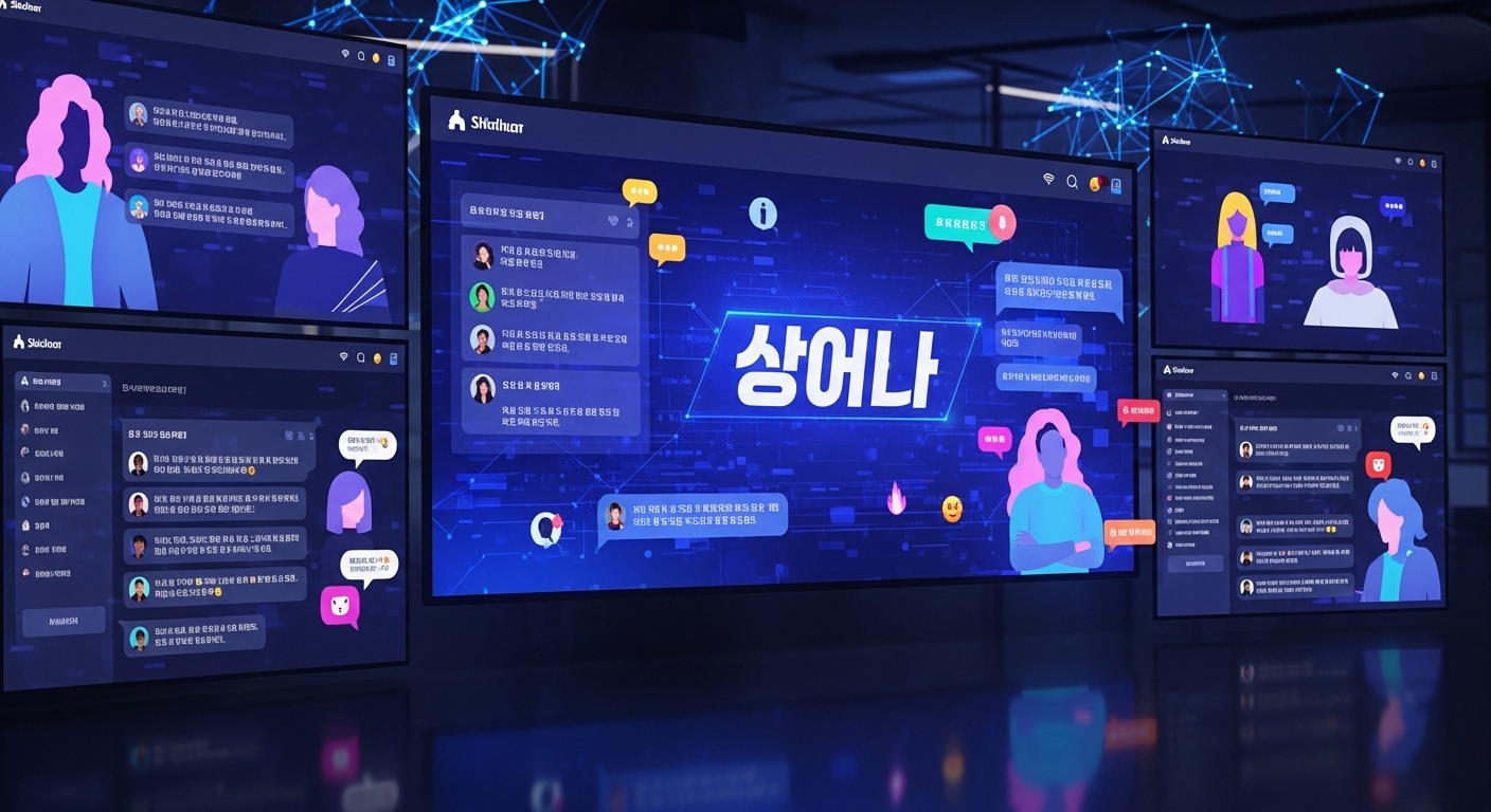 현대적인 한국 온라인 커뮤니티 인터페이스와 익명 사용자들이 상호작용하는 모습