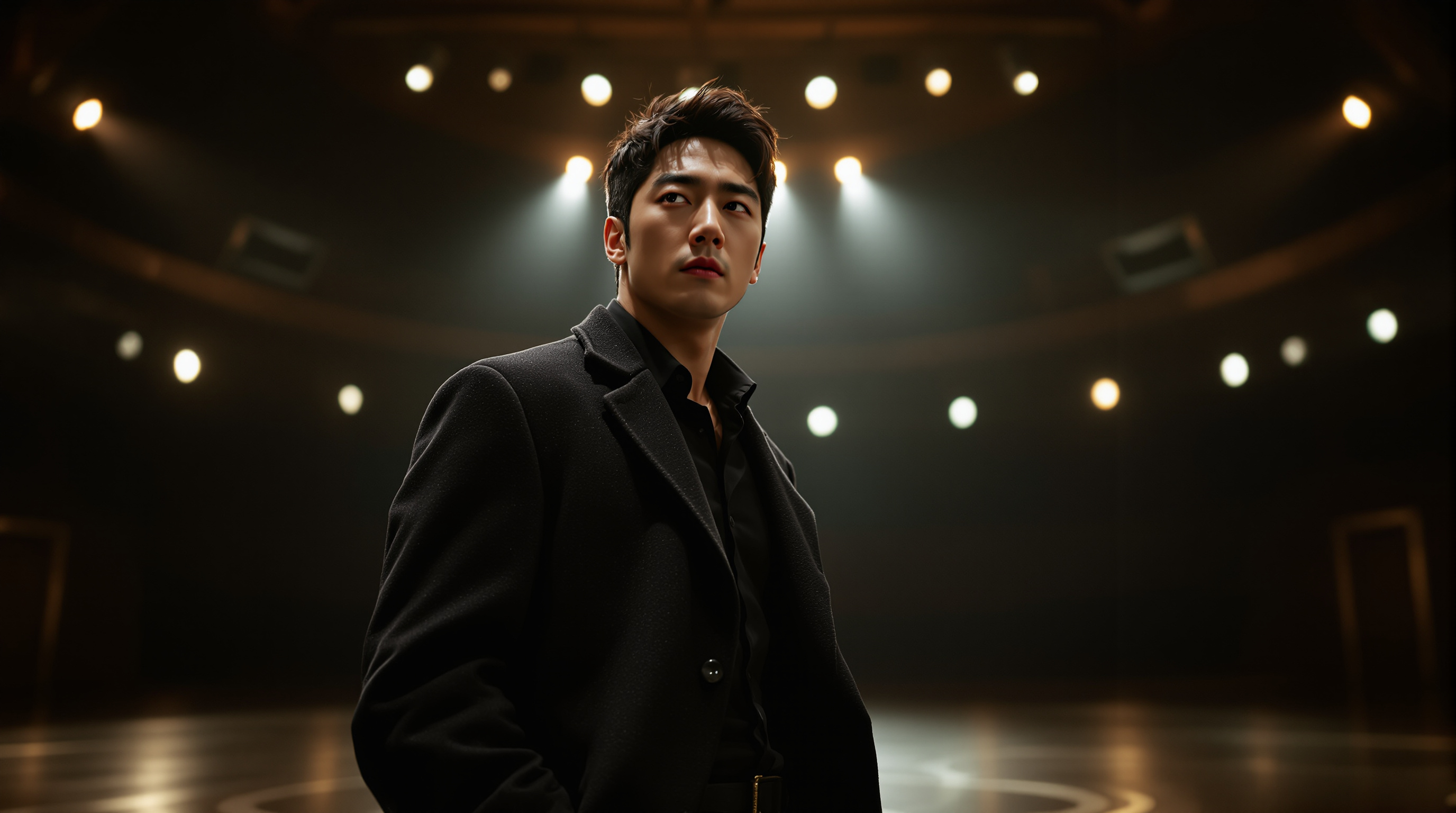극장 백스테이지에서 당당하게 서 있는 배우 조진웅의 모습