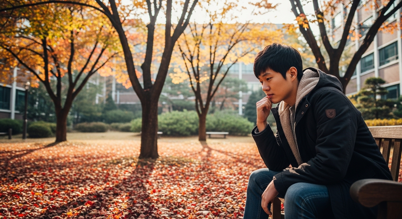 가을날 대학 캠퍼스 정원에서 깊은 생각에 잠긴 젊은 남성