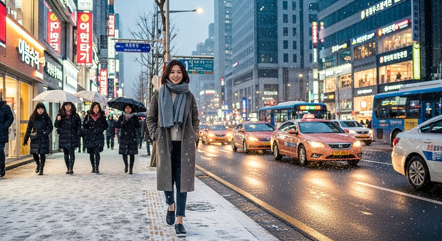 젊은 여성이 겨울 도심 속에서 K2 패딩 슬립온을 신고 활기차게 걷는 모습