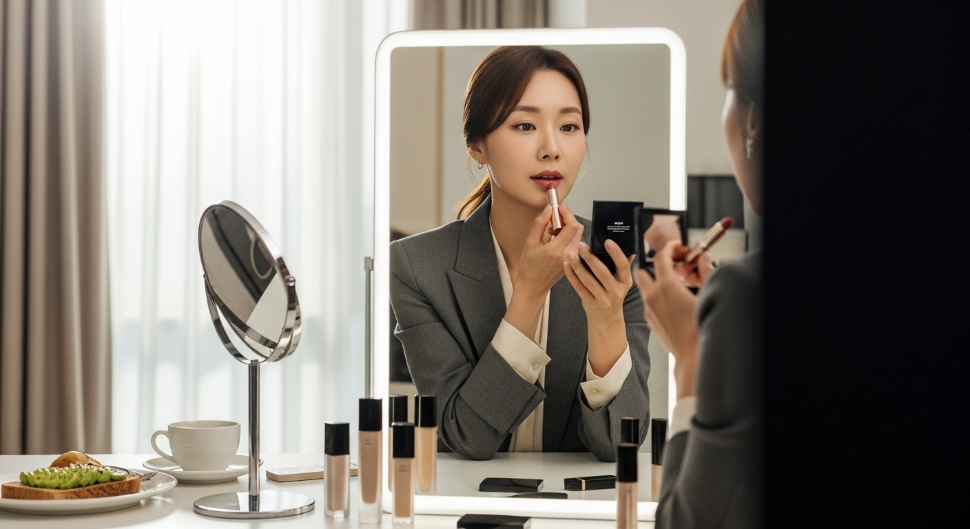 현대적이고 세련된 한국 여성 사업가가 바쁜 아침에 거울 앞에서 빠르게 화장을 하는 모습