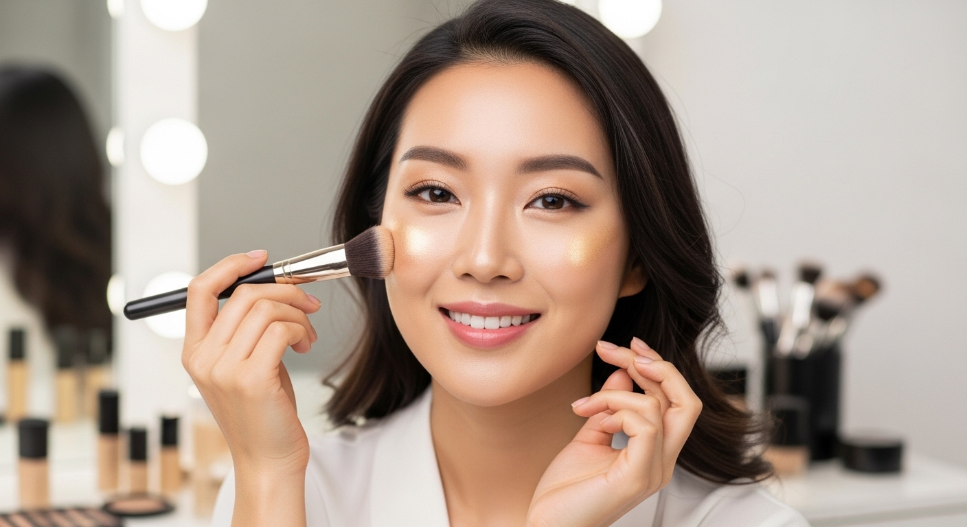 골드 톤 하이라이터로 품격 있는 광채를 더하고 피부 질감을 완벽하게 표현하는 한국 여성이 화장하는 모습