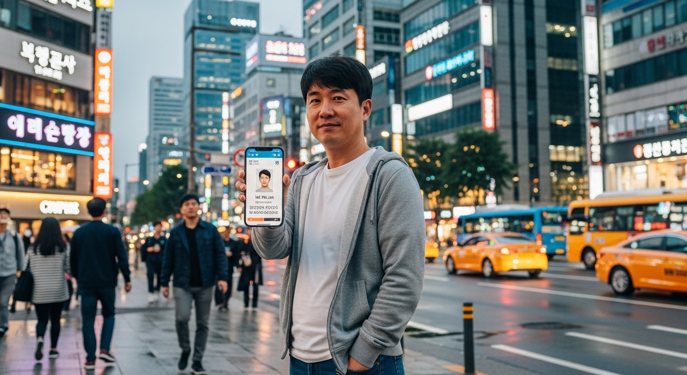스마트폰 화면에 디지털 신분증을 띄운 채 도시 거리를 걷고 있는 남성