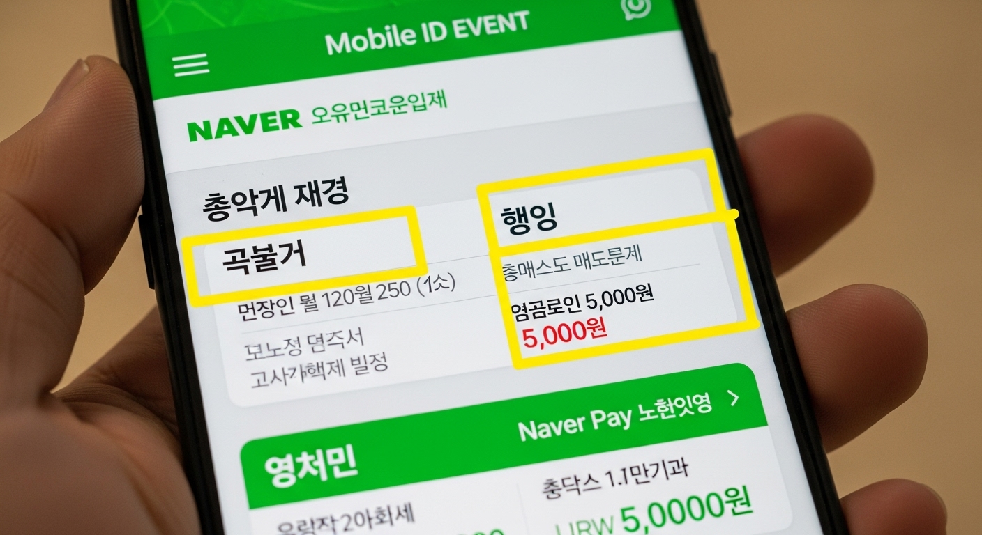 삼성 갤럭시 휴대폰 화면에 표시된 네이버 모바일 ID 이벤트 페이지