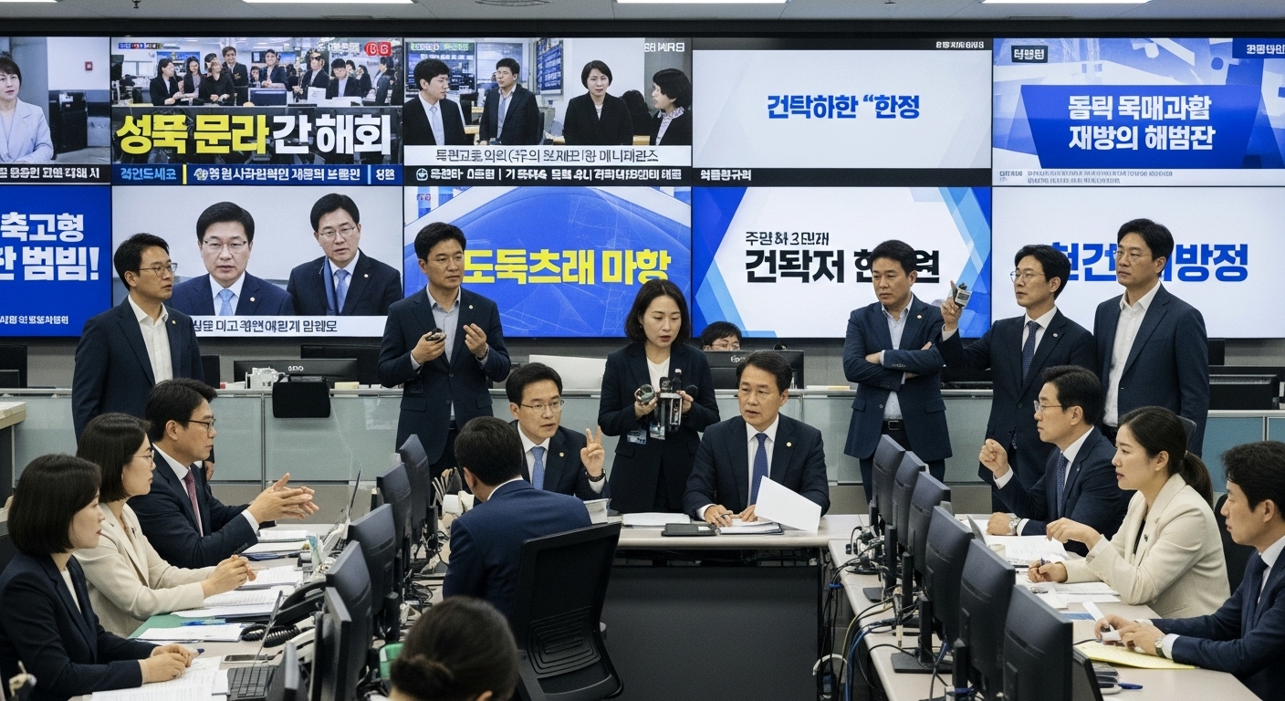 기자들이 뉴스룸에서 국가보안법 폐지 논쟁을 토론하는 모습