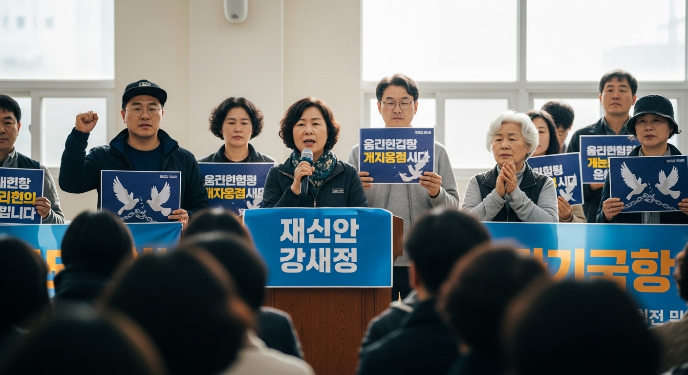 다양한 한국인 활동가들이 공청회에서 국가보안법 폐지를 주장하며 연설하는 모습