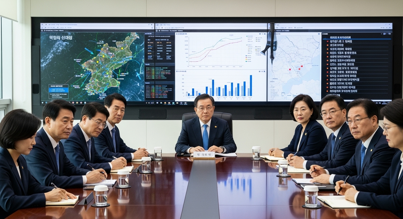 한국 정부 관계자들이 회의실에서 북한 관련 안보 위협을 논의하는 장면