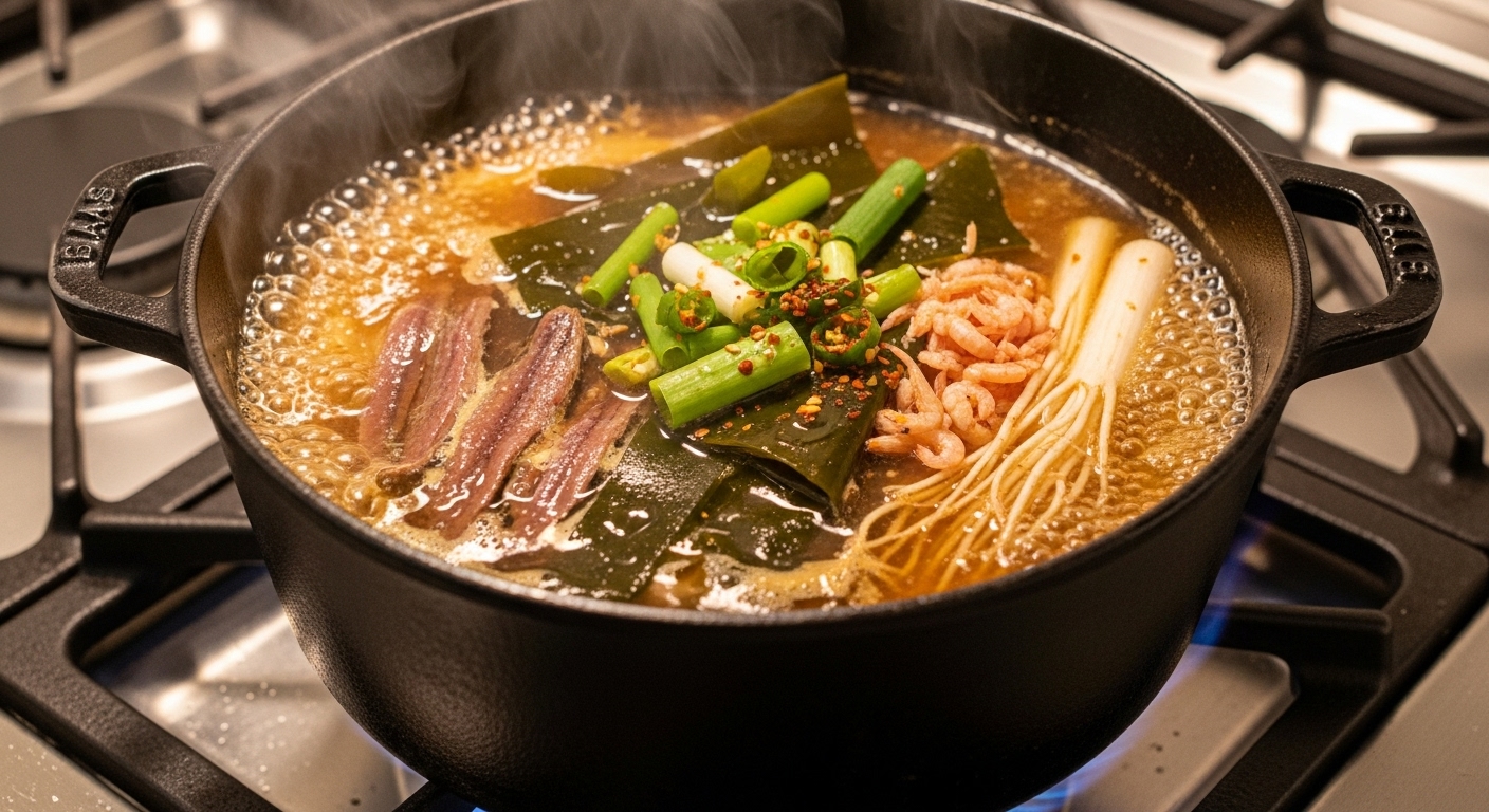 멸치와 다시마로 우려낸 육수가 담긴 냄비가 끓고 있는 모습