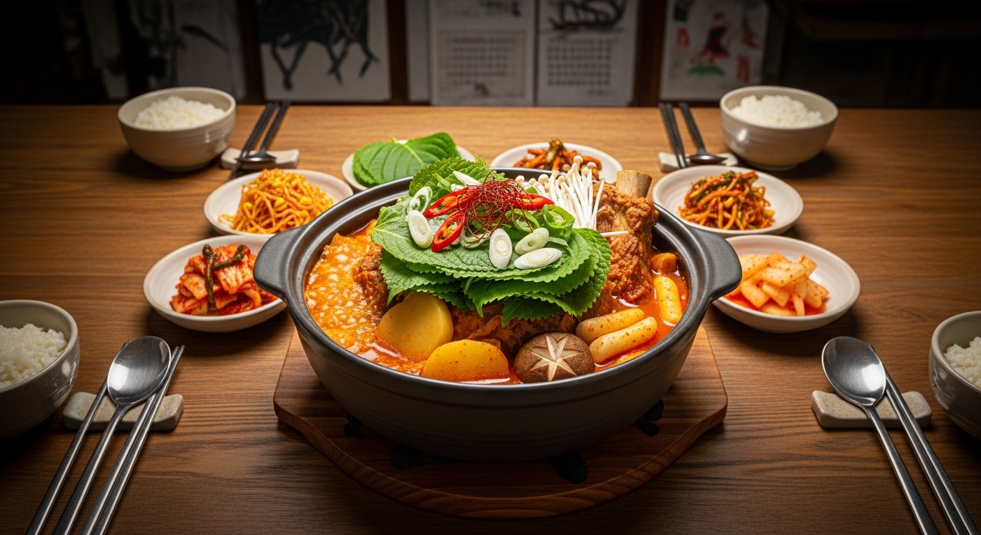 전골냄비에 담긴 완성된 감자탕과 깻잎 토핑