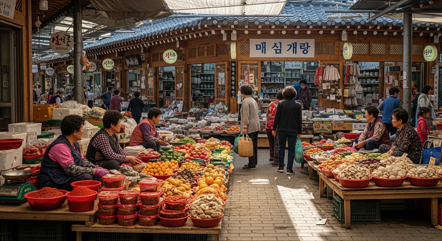 전통시장에서 활기차게 장을 보고 있는 사람들