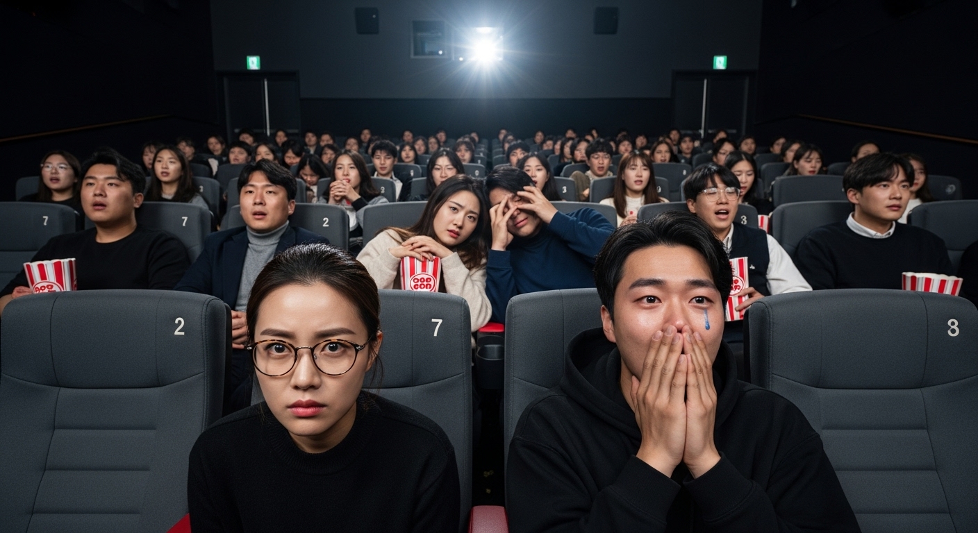 현대 한국 영화관에서 관객들이 공포 영화를 보는 모습과 다양한 반응