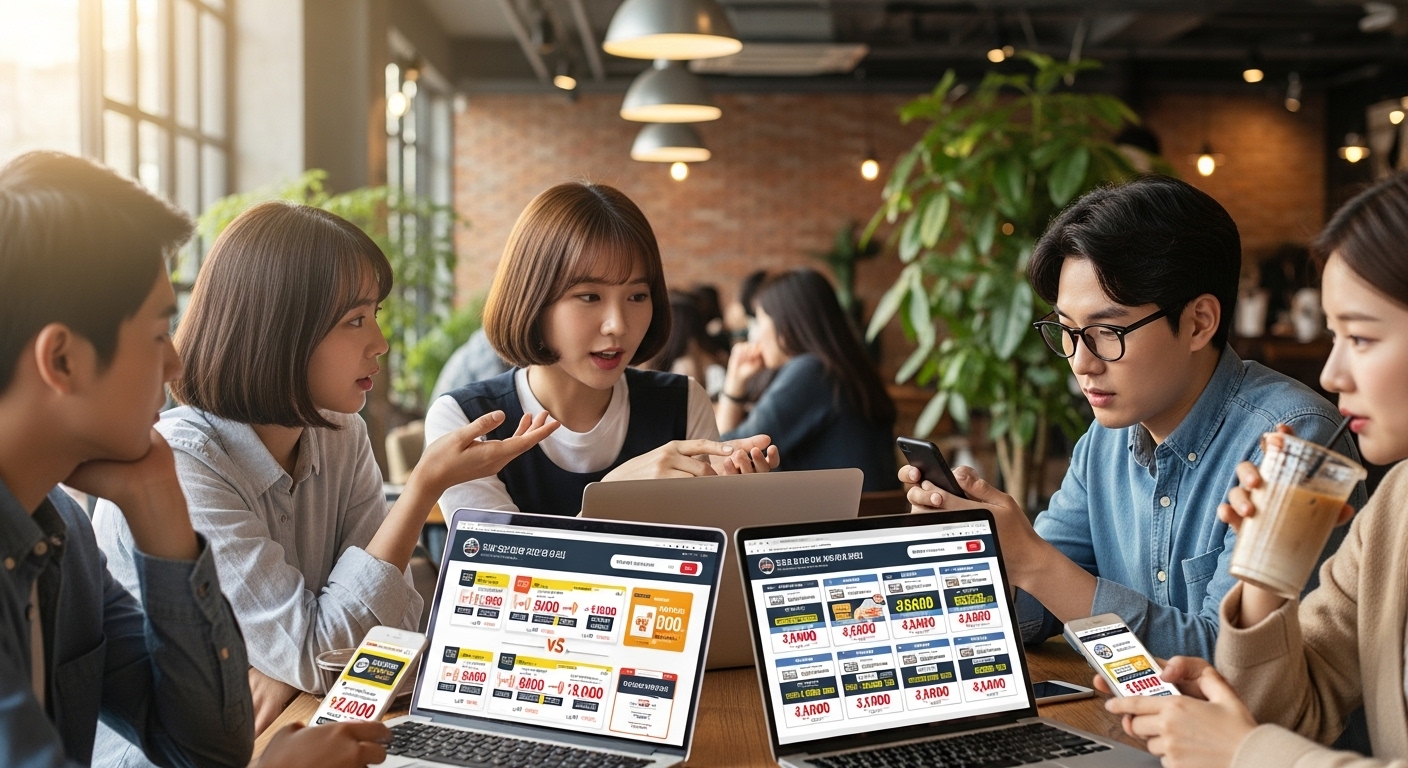 트렌디한 카페에서 다양한 통신사 요금제를 비교하는 젊은 성인들의 모습