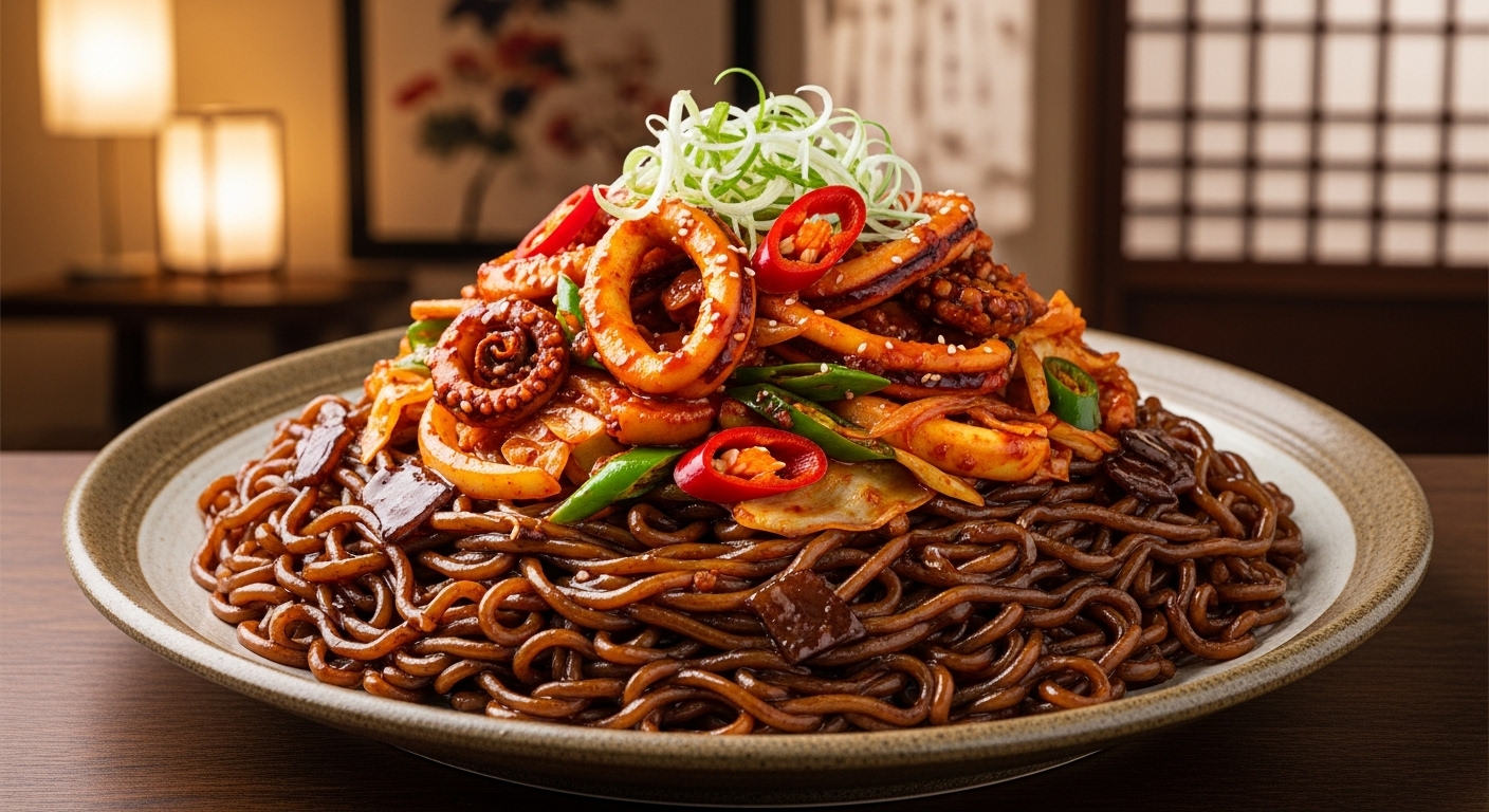 잘 삶아진 소면 위에 올려진 매콤 오징어볶음이 있는 플레이트