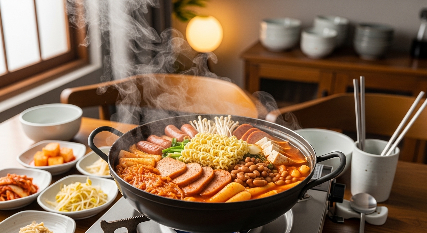 김치와 소시지가 들어간 따끈한 부대찌개를 주방에서 준비하는 모습