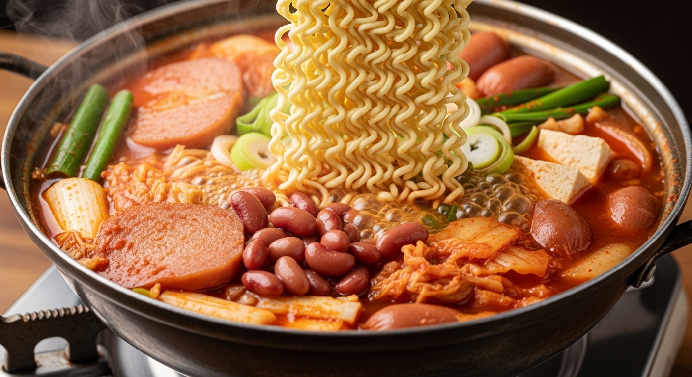 라면 사리를 넣어 끓고 있는 부대찌개의 클로즈업 모습