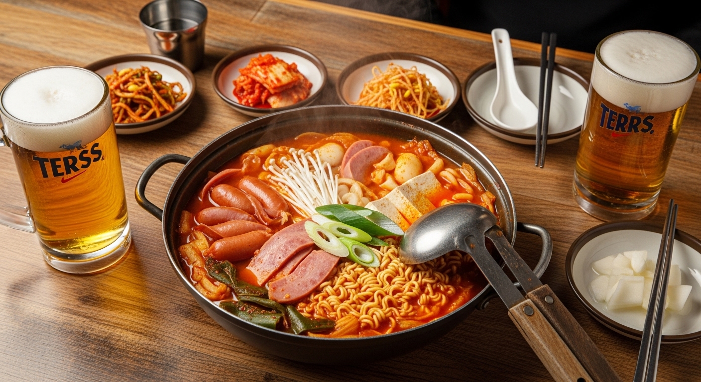 부대찌개와 함께 나란히 놓인 페일 에일과 라거 맥주 잔이 있는 식탁의 모습