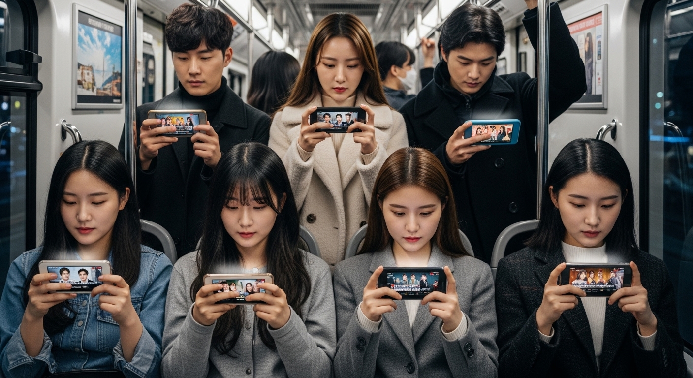 대중교통에서 모바일 앱으로 방송을 확인하는 젊은 사람들