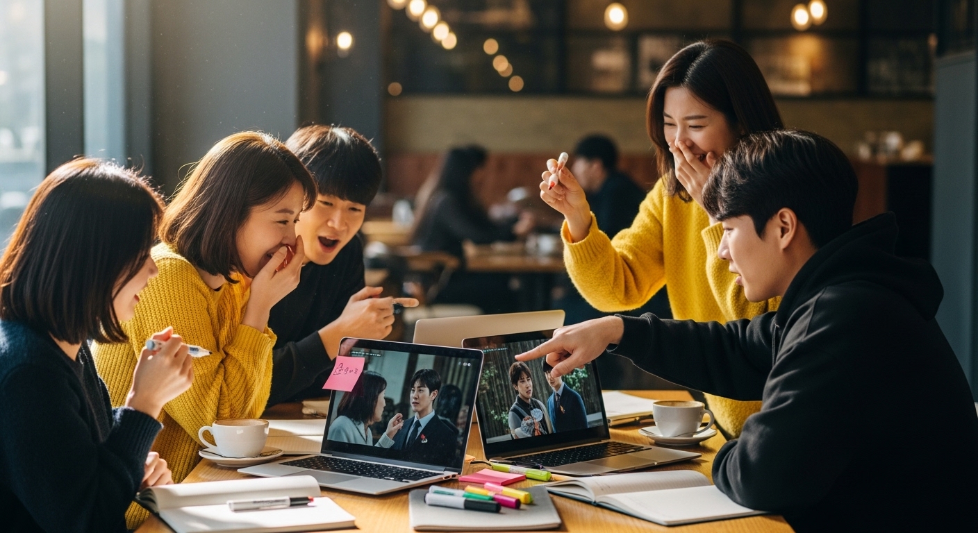 카페에서 노트북과 커피를 두고 프로그램의 레전드 회차에 대해 이야기하는 팬들
