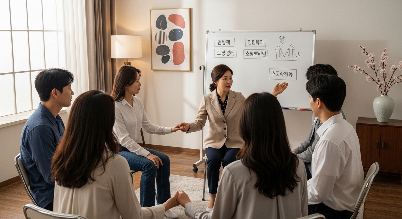 감정 관리 방법을 배우는 상담가와 한국 커플들로 구성된 그룹 치료 세션