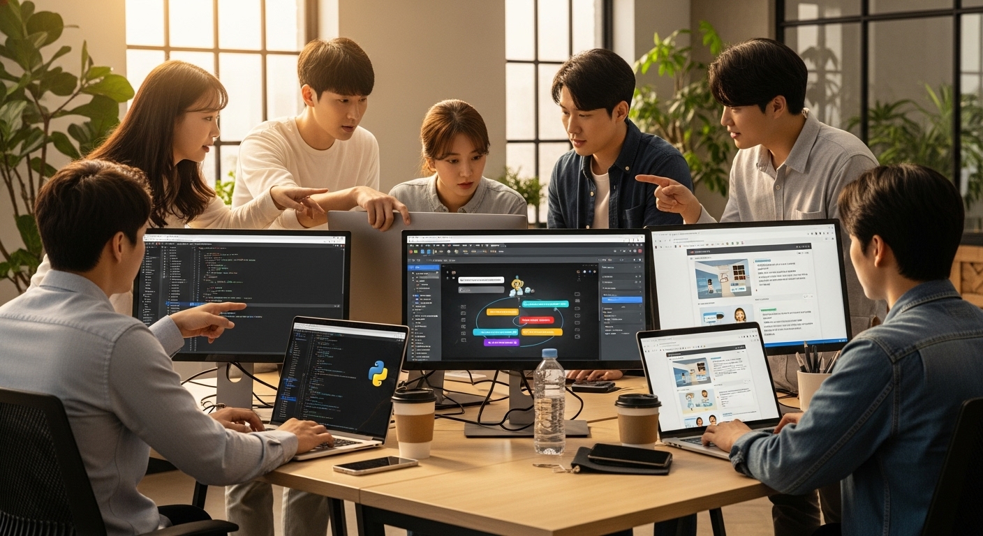 젊은 개발자들이 현대적인 공동 작업 공간에서 개인 맞춤형 밸런스게임을 만드는 모습