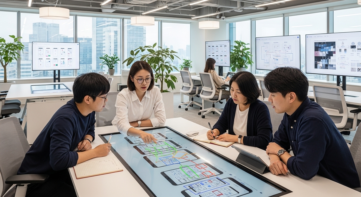 한국 UX 디자이너들이 사무실에서 인터페이스 개선 작업을 협업하는 장면