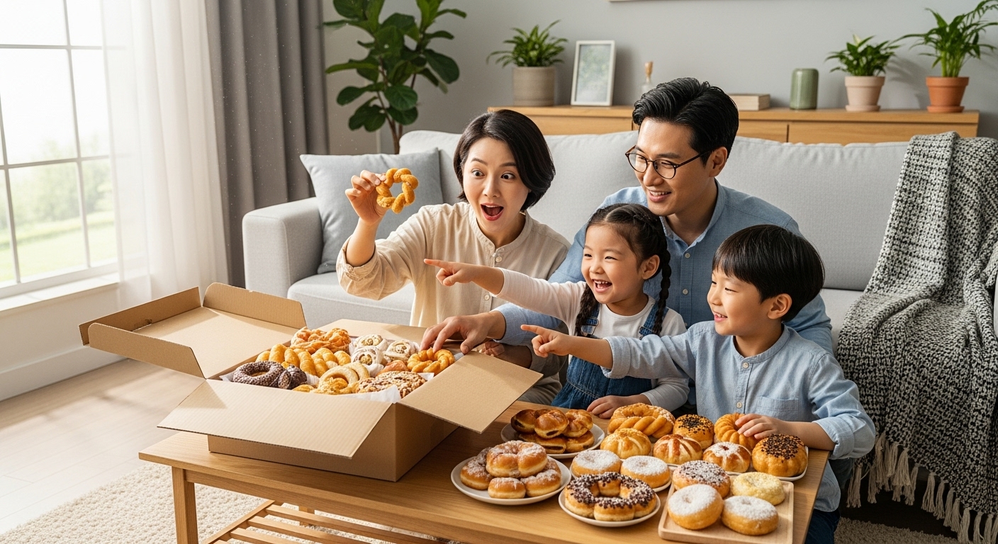 현대적인 한국 가족이 거실에서 성심당 빵을 즐기고 있는 모습