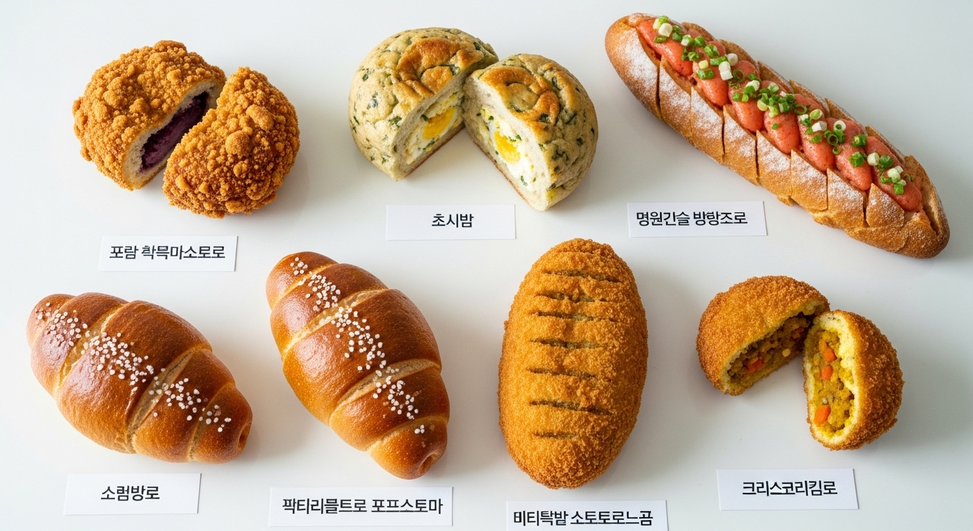 상위 7가지 성심당 빵 제품이 테이블 위에 진열된 모습