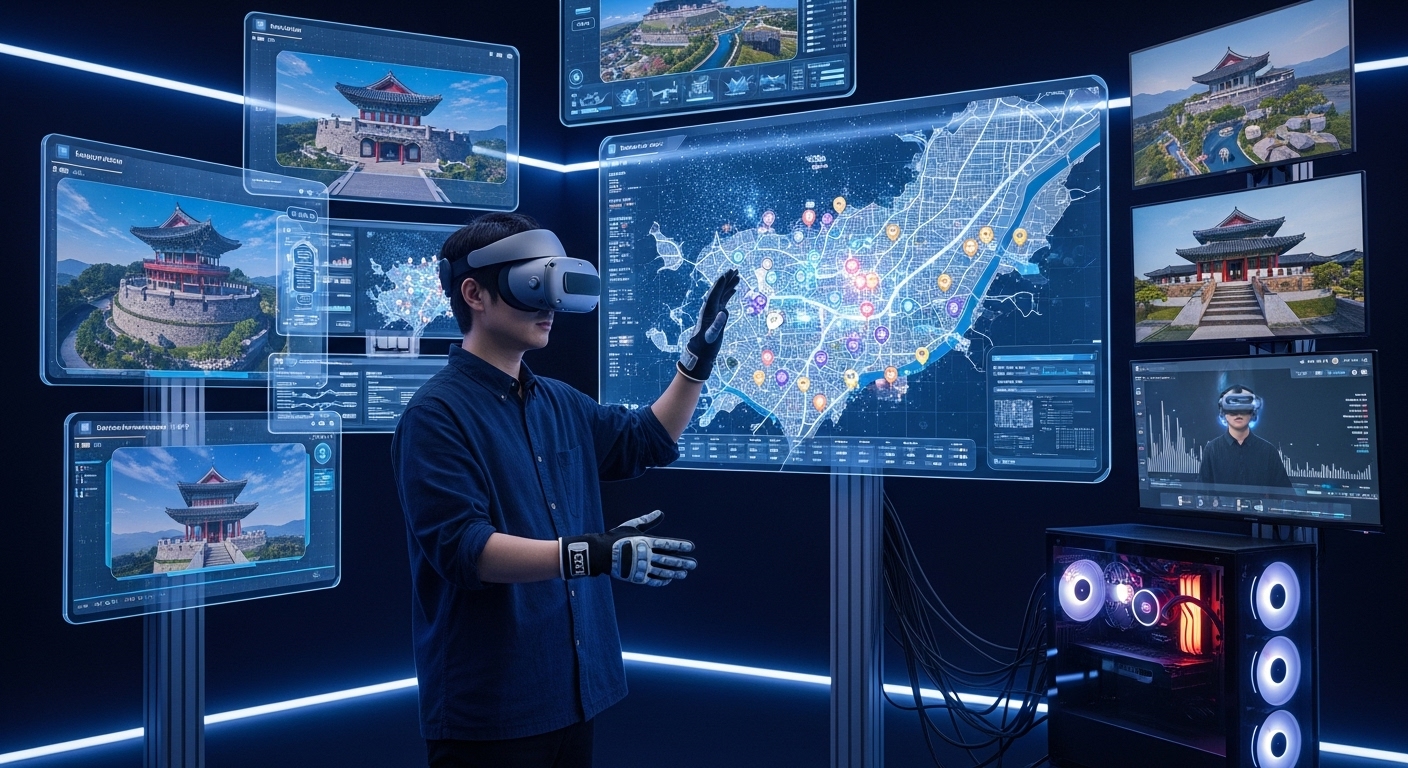 VR 기술로 진주의 관광지를 소개하는 모습과 미래지향적인 스튜디오 환경
