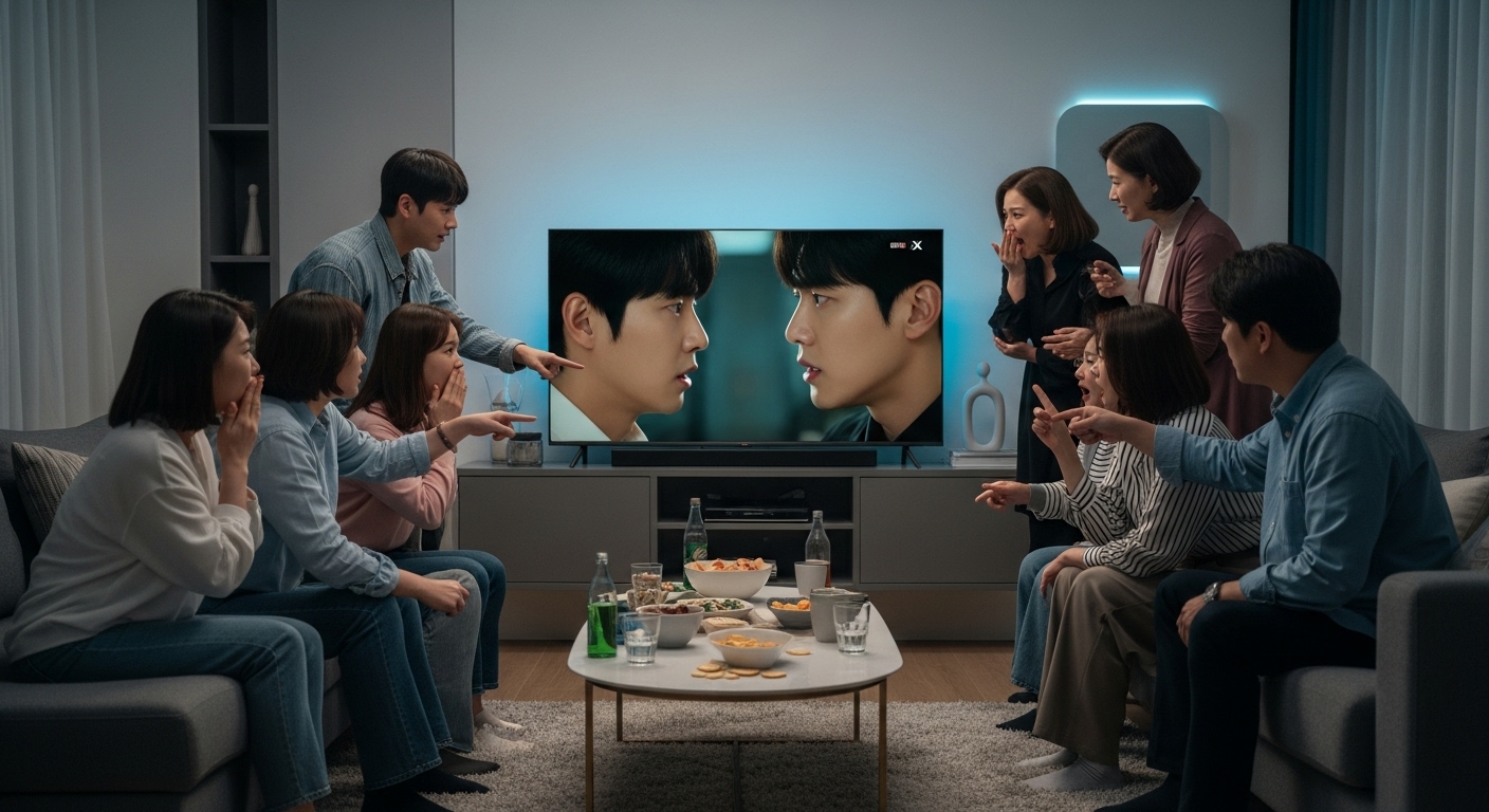 한국 드라마 팬들이 거실에서 '친애하는X'를 시청하며 열띤 토론을 벌이는 모습