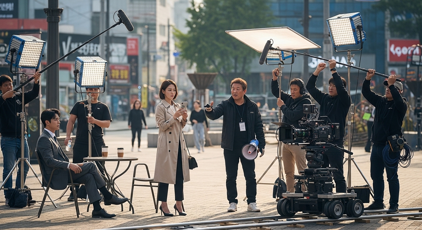 현대적인 의상을 입은 배우들과 감독이 지시를 내리는 활기찬 한국 드라마 촬영 현장