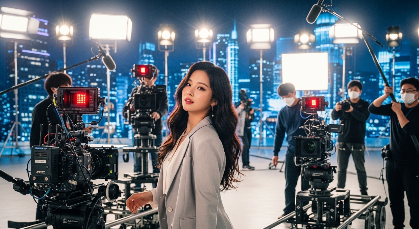 스타일리시한 한국 여배우가 세트장에서 아이돌 출신 배우를 연기하며 카메라 앞에 선 모습