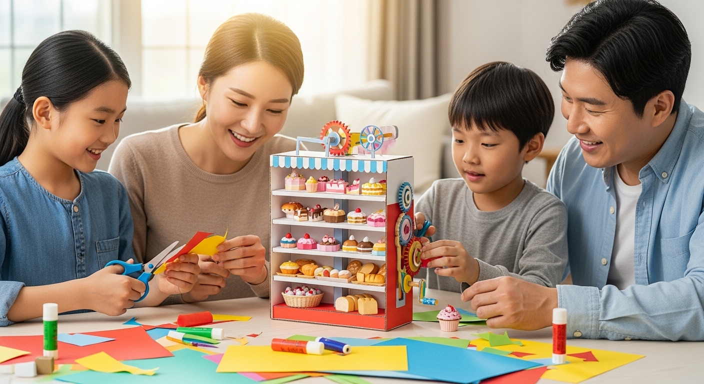 부모와 아이들이 집에서 회전하는 빵집 기계를 종이 공작으로 만드는 모습