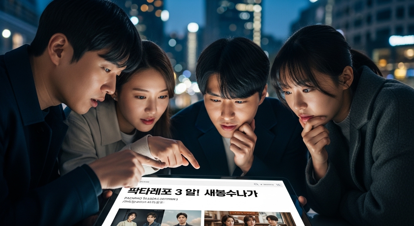 한국 팬들이 디지털 기기에서 파친코 시즌3 소식을 읽고 있는 모습