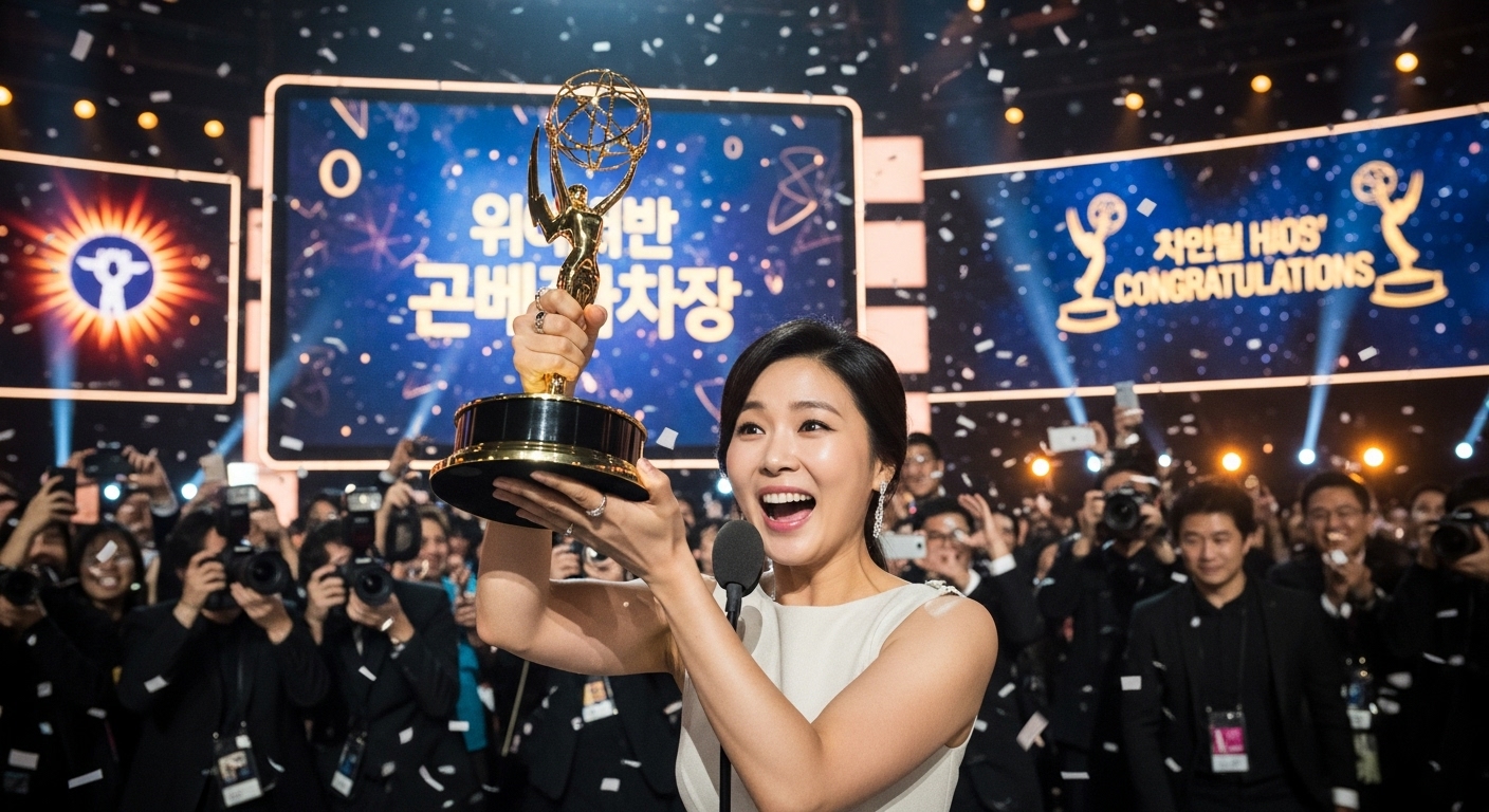 에미상을 수상하고 축하 메시지에 둘러싸인 한국 배우
