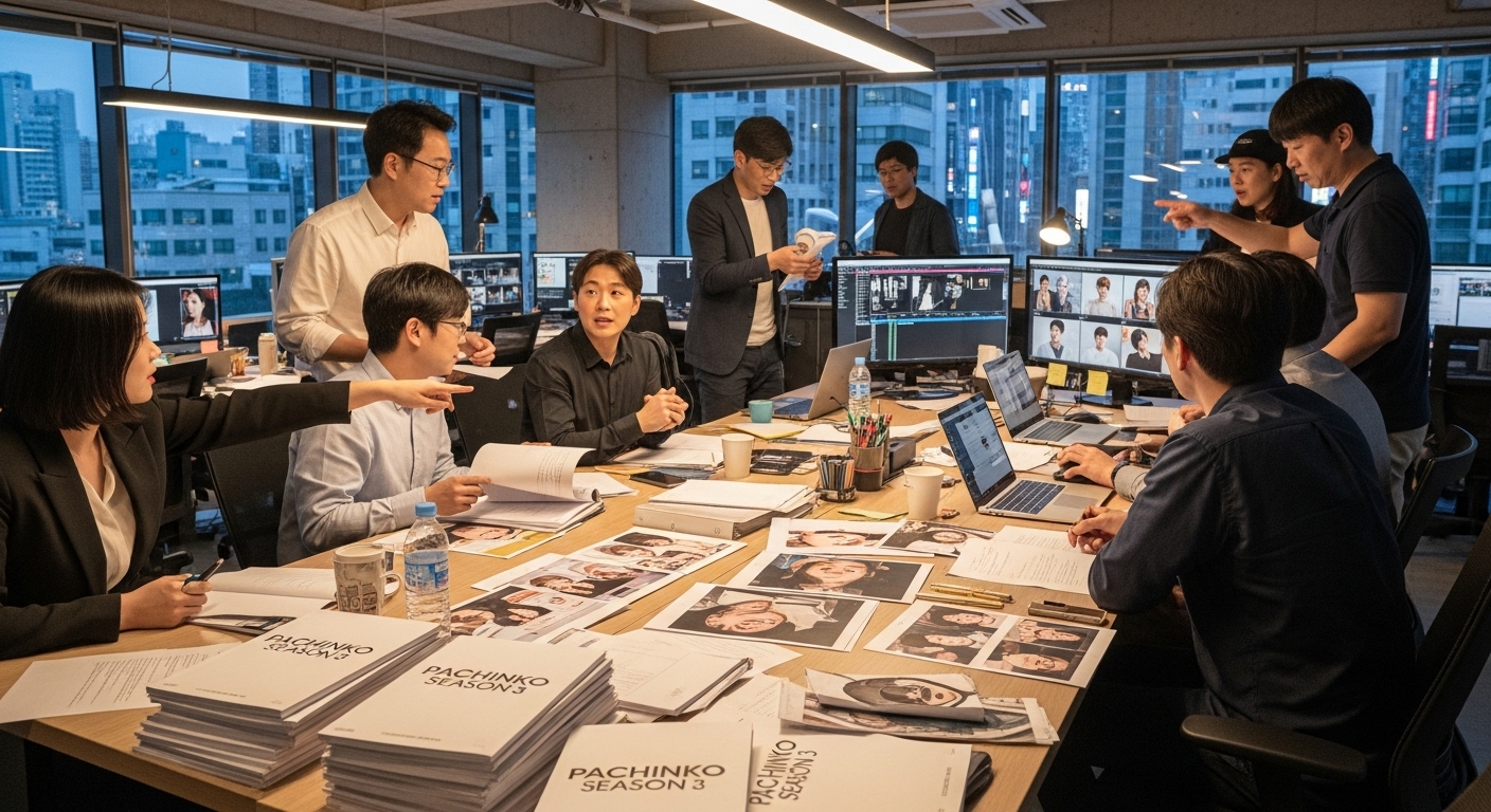 서울의 바쁜 영화 제작 사무실에서 파친코 시즌3 시나리오와 스토리보드를 논의하는 창작팀