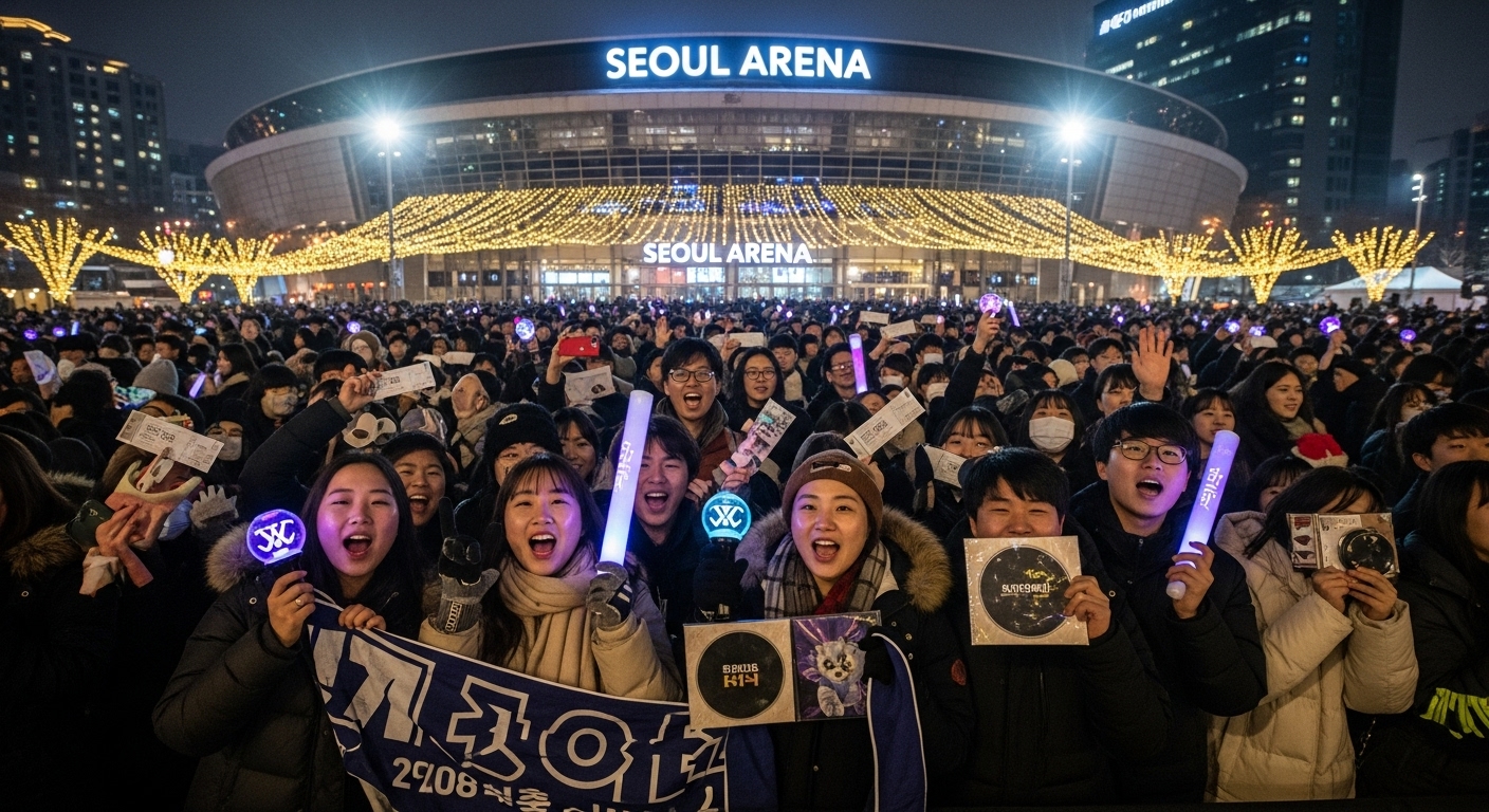 음악 팬들이 겨울 밤에 공연장 앞에서 티켓과 상품을 들고 있는 모습