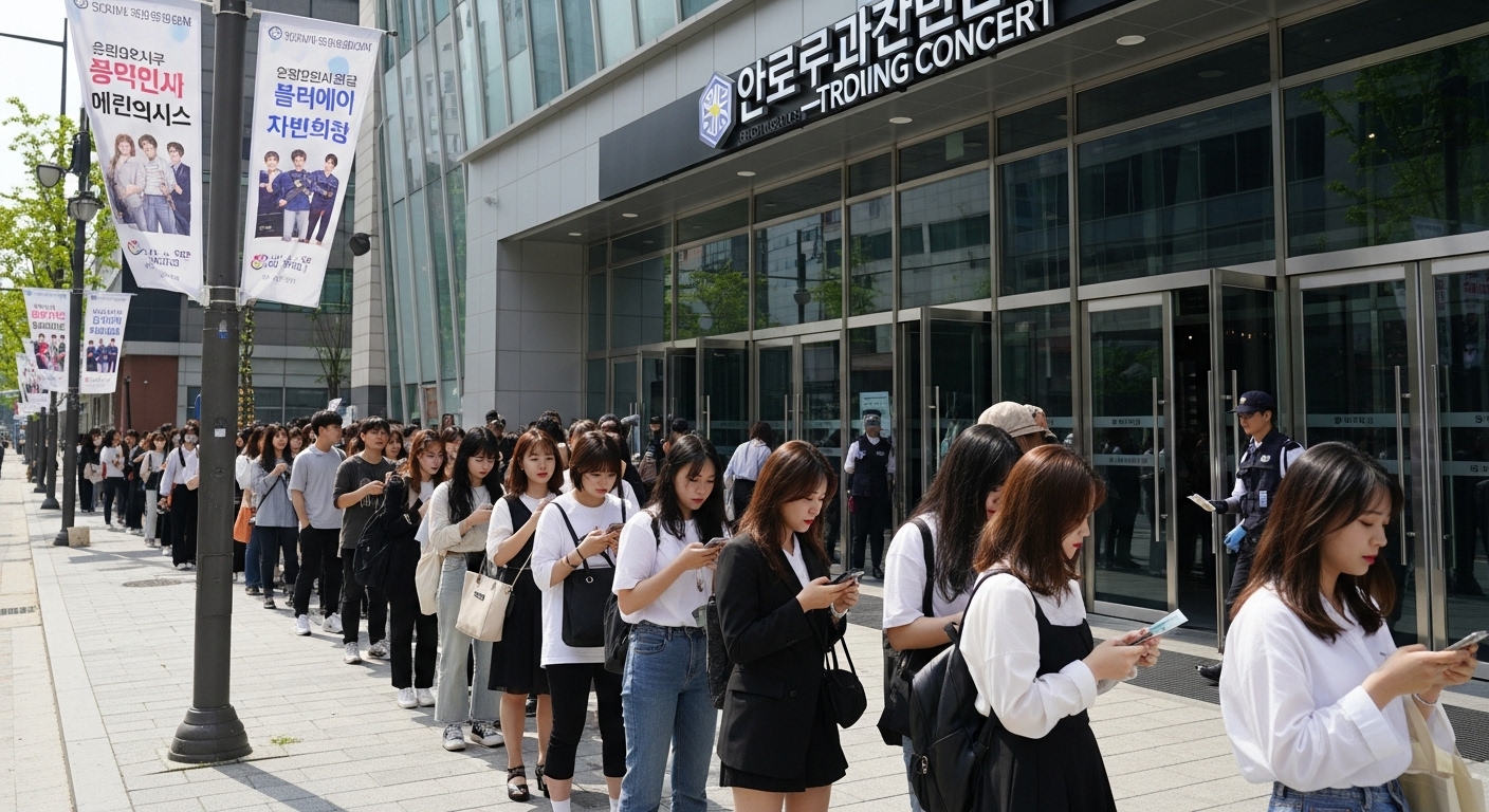 공연 당일 현장에서 줄 서서 티켓과 신분증을 준비하고 있는 관객들