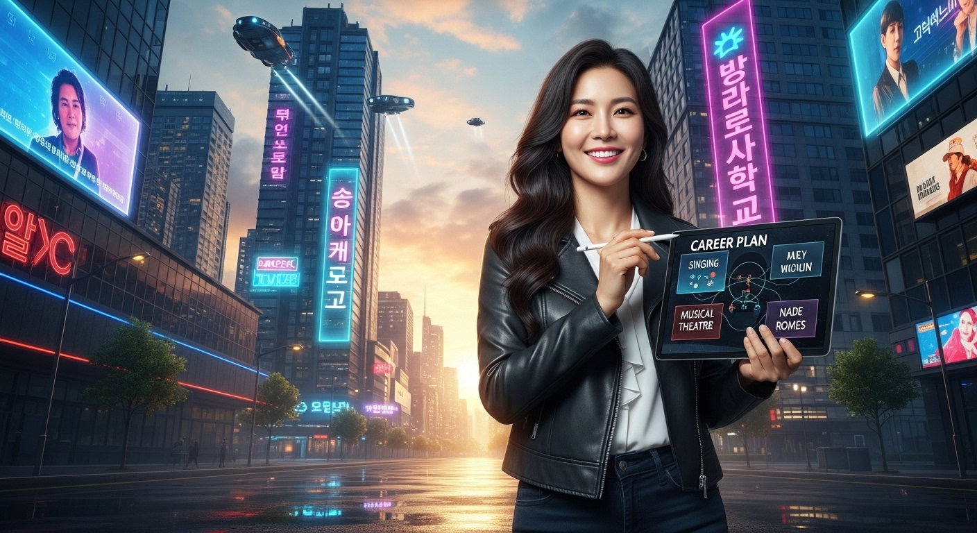 도시에 서서 가수와 뮤지컬 배우로서의 경력을 계획하는 여성