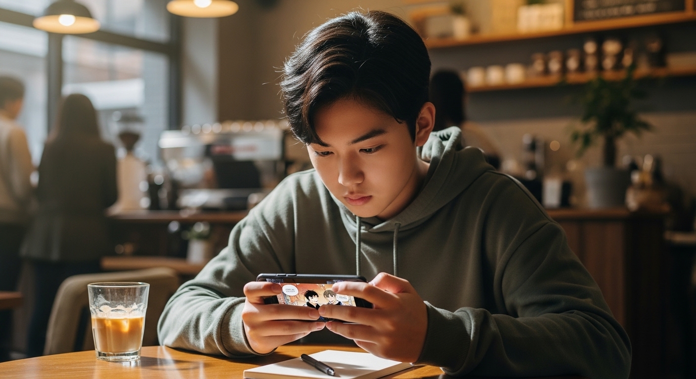 현대적인 카페에서 스마트폰으로 웹툰을 읽으며 사색에 잠긴 청소년의 모습