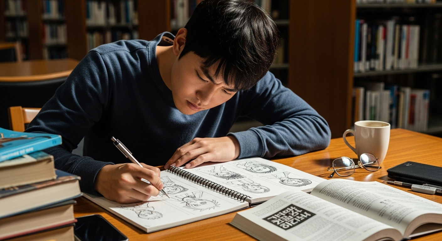 도서관 테이블에서 집중하여 노트에 캐릭터를 스케치하는 한국 학생의 진지한 표정