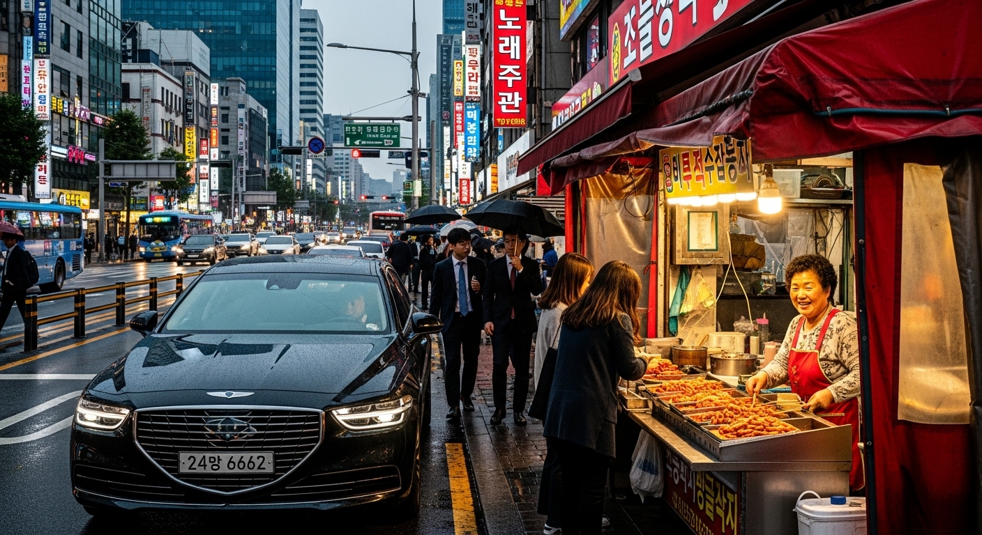 서울의 번화한 거리에서 럭셔리 자동차와 길거리 상인이 대비되는 장면