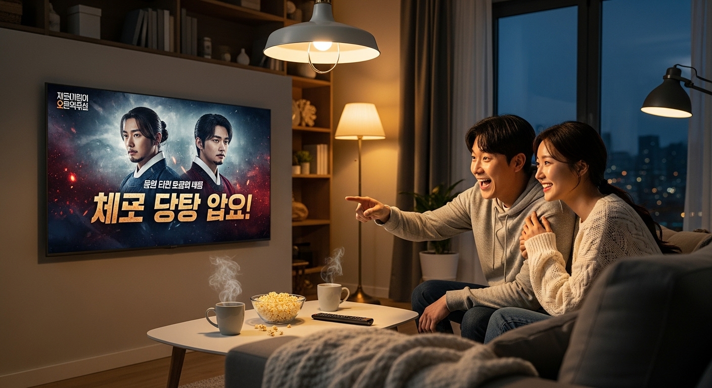 거실에서 새로운 드라마 발표를 시청하며 설레어하는 한국 커플의 모습