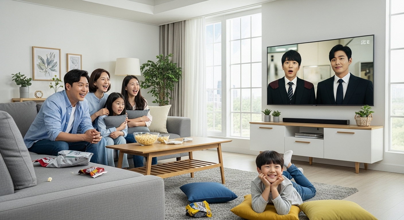 현대적인 한국 가족이 법정 코미디 드라마 첫 방송을 시청하며 즐거워하는 모습