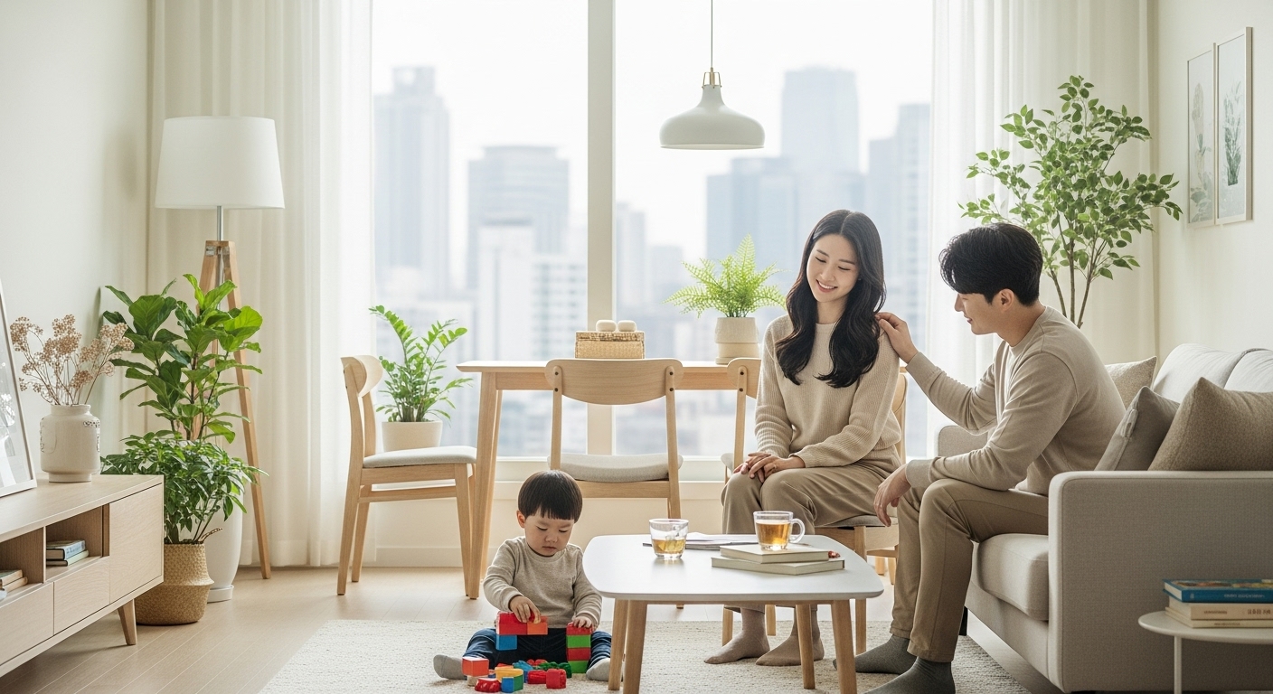 서울 아파트에서 가족 중심의 조용한 생활을 보내는 여성