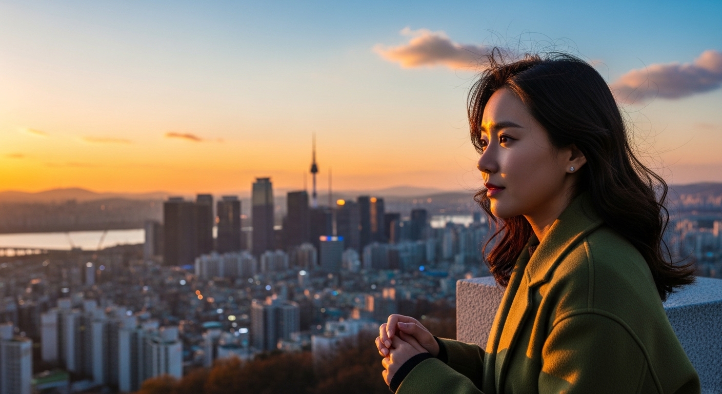 서울 스카이라인을 보며 미래를 고민하는 여성